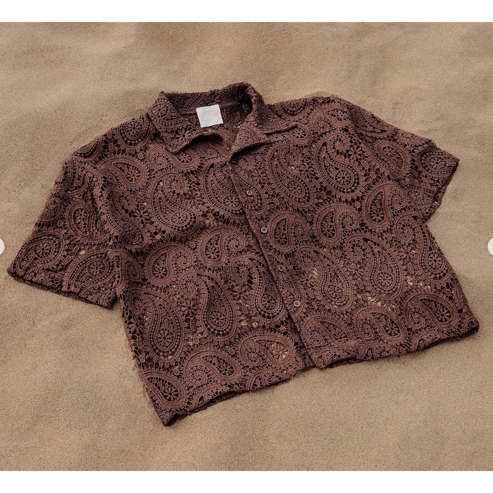 NOSTALGIA Paisley Knit Button Up Mens XS Brown Short Sleeve Coastal Boho Retro